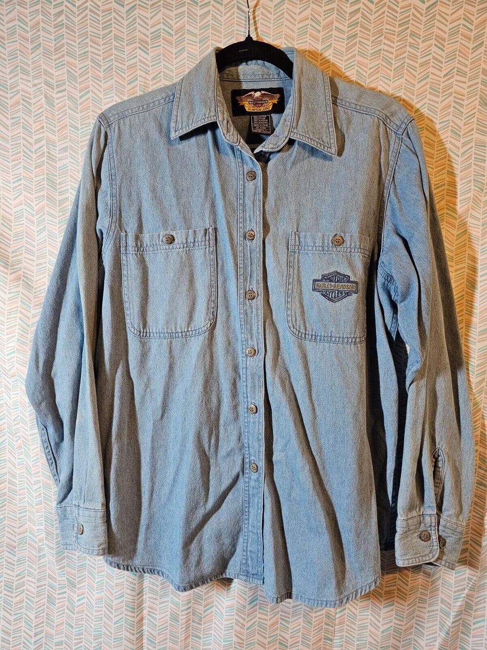 Harley Davidson Denim Shirt Womens L Long Sleeve Button Embroidered Logo Pocket